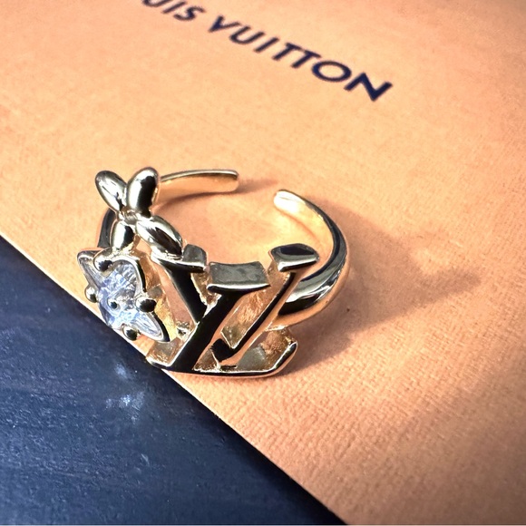 Authentic Louis Vuitton Signed Monogram Flowers Gold Tone Unisex Adjustable Ring - Picture 1 of 16